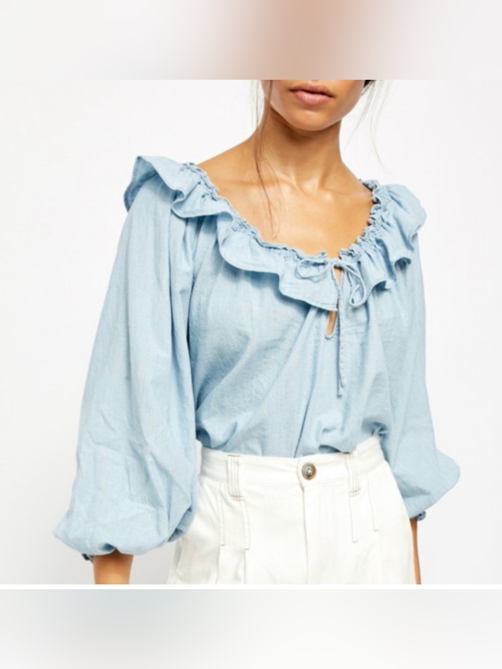 Free People Lily Of The Valley Chambray Ruffled Blouse size xs